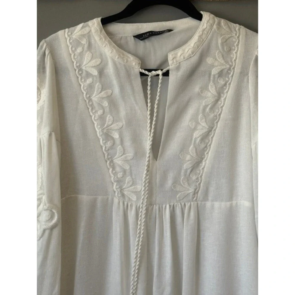 Zara Woman Embroidered Midi Dress Size S White Balloon Sleeve Tassel Boho India - Picture 3 of 8
